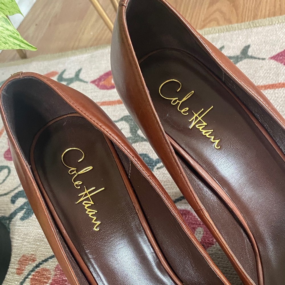 Cole Haan Women's Cognac Brown Leather Round-Toe Heels - Picture 2 of 12
